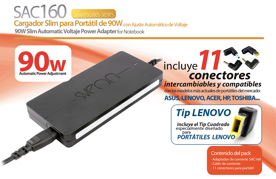Sveon SAC160 Cargador Universal Slim para portátiles de hasta 90w