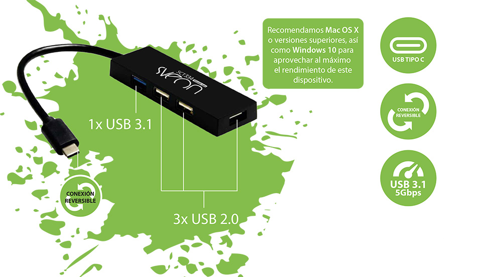 pedir Fotoeléctrico hombro Hub USB 3.1 Tipo C con 1 puerto USB3.0 y 3 puertos USB2.0 Sveon SCT334