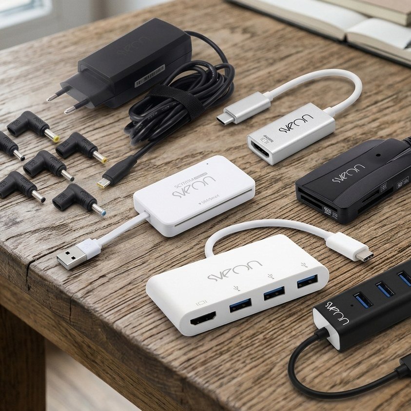 Surtido de productos Sveon — cargador universal, adaptadores DIN, hubs USB y lectores sobre mesa de madera